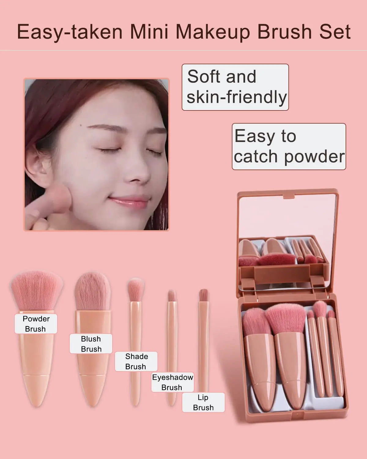 Mini Beauty Glow Brush Set: Soft and Fluffy Brushes for Cosmetics, Foundation, Eyeshadow, and Blending with Mirror
