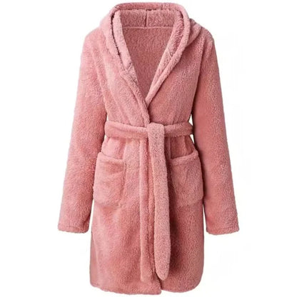 Women's Thickened Winter Sleeping Robe with Hood, Pockets, and Simple Padding